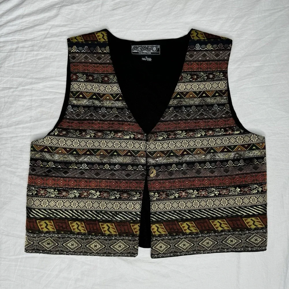 Agapo Striped Carpet Tapestry Shiny Western Button Up Vest Womens Size M Vintage